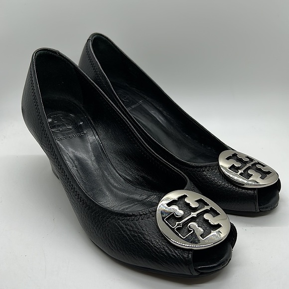 Tory Burch Shoes - Tory Burch Sexy Black Leather Peep Toe Wedge Heels Shoes **Size 6.5** 🔥🔥